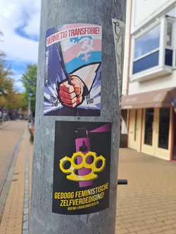 Street sticker The central sticker is black with yellow and purple graphics. It features a pair of bright yellow brass knuckles superimposed over a stylized purple spray can with flames. Below the graphic, bold yellow text reads 'GEDOOG FEMINISTISCHE ZELFVERDEDIGING!' (Tolerate feminist self-defense!). At the bottom, smaller text indicates 'RSP.NU | ROODJONGEREN.NL'. Above this sticker, another sticker displays a hand holding a flag with the transgender colors (pink, white, light blue) and symbols of a hammer and sickle, and a Venus symbol. The text on this upper sticker reads 'VERNIETIG TRANSFOBIE!' (Destroy transphobia!).