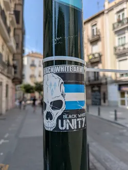 Street sticker This is a sticker adhered to a dark green pole in an urban setting. The sticker displays a white skull with a diamond pattern on its forehead. Above the skull, the text "BLACK WHITE ARMY" is printed in bold, uppercase letters. A striped pattern with blue and white bands is visible next to the skull. Below the skull, the word "UNITY" is prominently displayed.