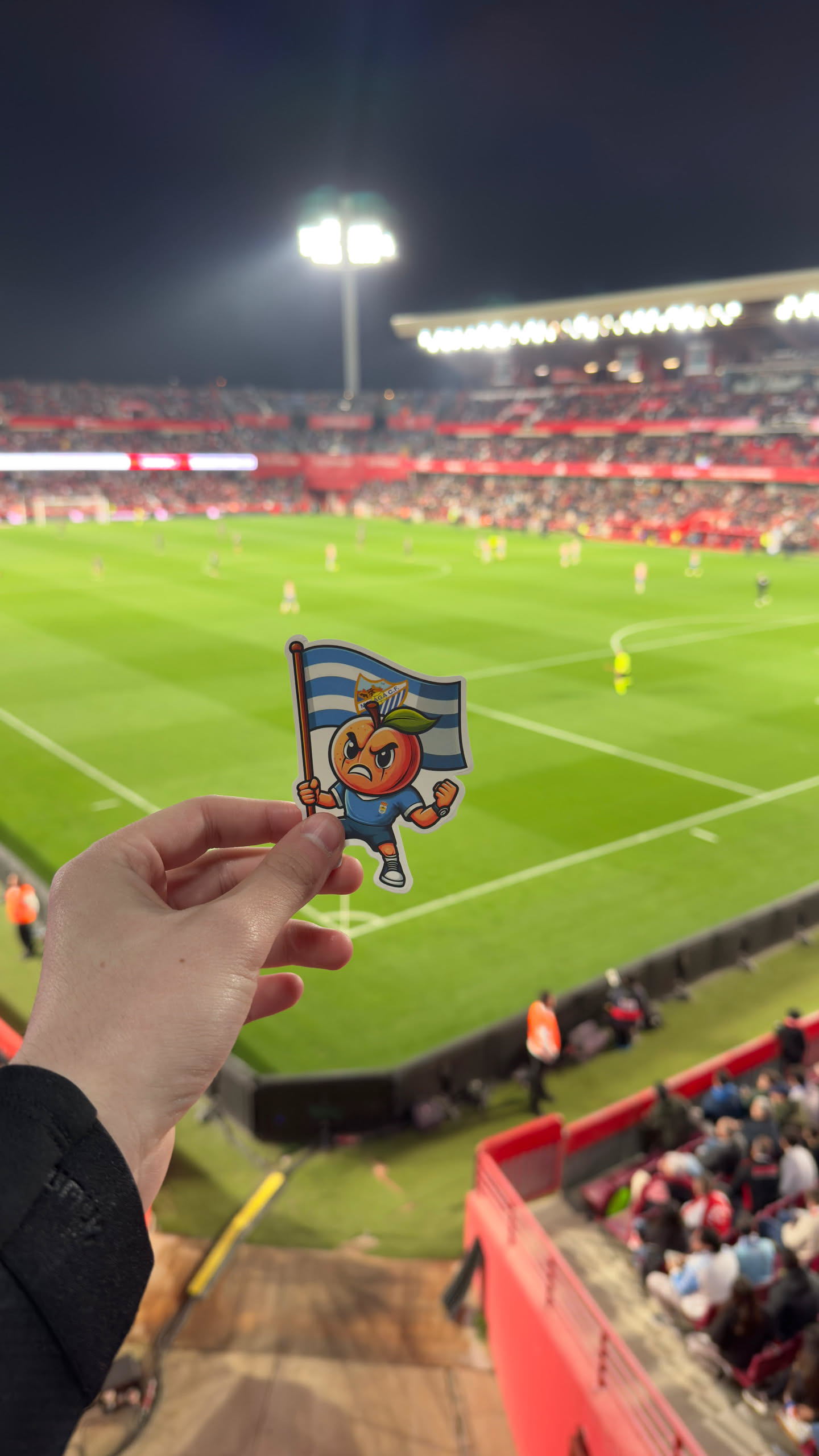 The sticker features a cartoon peach character with an angry or determined expression, characterized by furrowed brows and a downturned mouth. It has orange skin, rosy cheeks, and a green leaf on its head. The peach is dressed in a light blue football kit, including a jersey with darker blue accents, matching shorts, white socks, and black sneakers. It holds a brown flag pole from which a flag unfurls. The flag is horizontally striped in light blue and white, and prominently displays the crest of Malaga C.F. in the upper left corner, with the text "MALAGA C.F." written below it. The sticker has a clean white border around its irregular, die-cut shape.