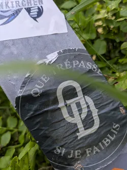 Street sticker A dark, circular sticker affixed to a gray surface, partially obscured by green foliage. The sticker features white, stylized text that reads 'QUE TRÉPASSE' along the top curve and 'SI JE FAIBLIS' along the bottom curve. In the center, there's a prominent, intricate white monogram, appearing to be intertwined letters, possibly 'GD' or similar in an old-style script. The sticker shows signs of wear and tear, with some edges torn.
