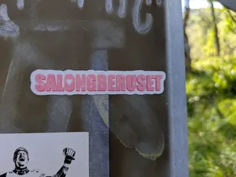 Street sticker The sticker is rectangular with rounded corners, featuring raised, bubble-like pink letters with a white outline. The text 'SALONGBERUSET' is prominent, with a heart shape integrated into the letter 'O' in 'SALONG' and small star patterns subtly placed within several other letters, giving it a playful and slightly whimsical aesthetic. The sticker is affixed to a textured grey pole, with a blurred green background visible behind it, suggesting an outdoor setting.