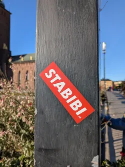 Street sticker The sticker is rectangular with its corners cut off at an angle, giving it a parallelogram shape. It is bright red and features the word 'STABIBI' in large, bold, white sans-serif capital letters. Below 'STABIBI', in smaller white text, is '.DE'. The sticker is affixed to a dark, textured surface, likely a metal pole, and appears to be slightly worn at the edges.