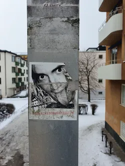 Street sticker A weathered sticker featuring a black and white portrait. The sticker shows some damage and is affixed to a grey concrete pillar.  The background shows a snowy urban setting. A website address is visible at the bottom of the sticker.