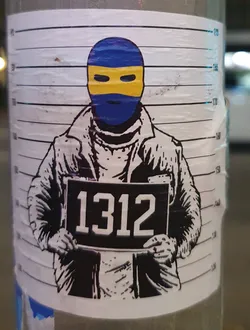 Street sticker This sticker depicts a person wearing a balaclava with yellow accents, holding a sign that reads "1312." The style is reminiscent of a police mugshot.