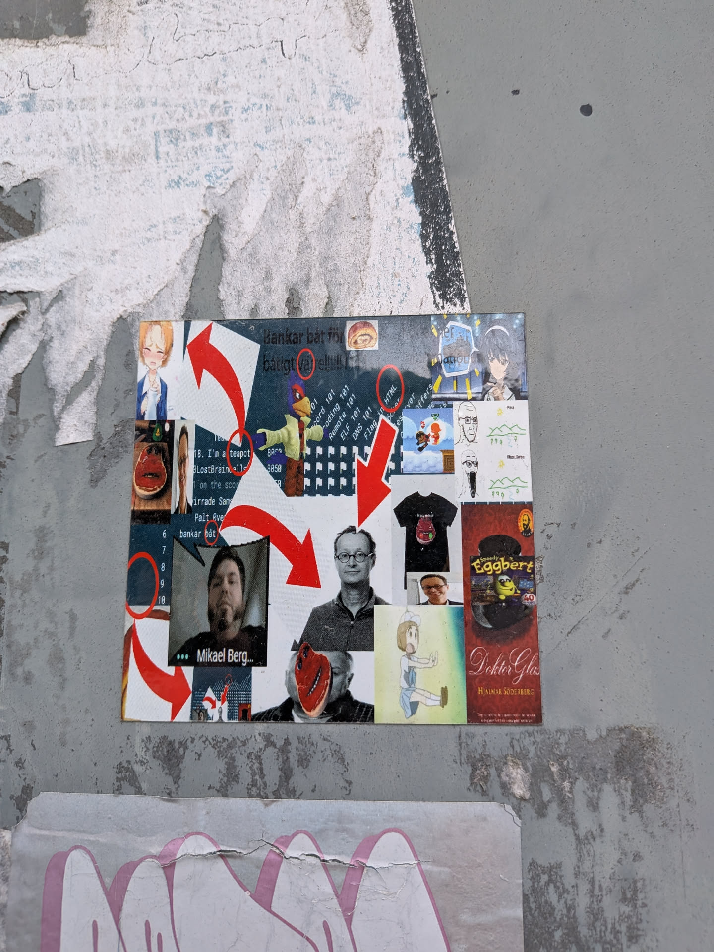 The sticker is a rectangular collage, predominantly dark blue/grey in the background, densely packed with a variety of images and text snippets. Prominent red arrows crisscross the composition, suggesting connections or a flow between the disparate elements. Visual components include anime-style characters (one blushing, another with dark hair), a pixelated scene resembling a platformer game, and a character akin to Fox McCloud from Star Fox. Photographic elements feature a man with a beard identified as 'Mikael Berg', another man with glasses, and a man holding a red, mask-like object with a wide grin. Literary and gaming references appear with covers for 'Doktor Glas' and 'Speedy Eggbert'. Other details include a black t-shirt with a red, blob-like creature, stick-figure drawings, and a cinnamon bun. The overall aesthetic is a vibrant, information-rich, and somewhat overwhelming blend of digital and real-world imagery.