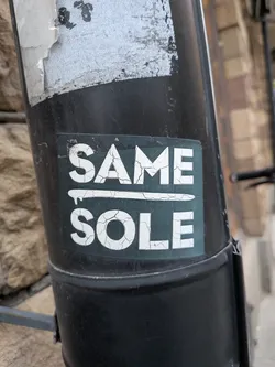 Street sticker The sticker is rectangular with a dark teal or dark green background. It features two lines of bold, sans-serif text in white. The top line reads 'SAME' and the bottom line reads 'SOLE'. Between the two words, there is a horizontal line with a small drip-like element extending downwards from its center. The white text and the line are heavily cracked, giving them a distressed or aged appearance, suggesting wear and time. The edges of the sticker are slightly worn and dirty, adhering to a dark, possibly metal, pole.