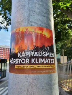 Street sticker Sticker depicting a burning forest with text in Swedish.  The text translates to 'Capitalism destroys the climate'. It also includes the phrases 'Direct action today // Revolution tomorrow' and a website address.