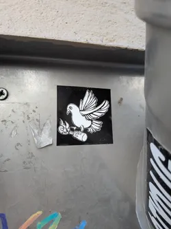 Street sticker The sticker is a square, predominantly black, featuring a stark white outline illustration. The main subject is a dove, depicted in flight with its wings spread, looking towards the left. In its talons, it clutches a flaming molotov cocktail, which is also rendered in white outline with flames emanating from its top. The overall style is graphic and bold, with a clear contrast between the white illustration and the black background.