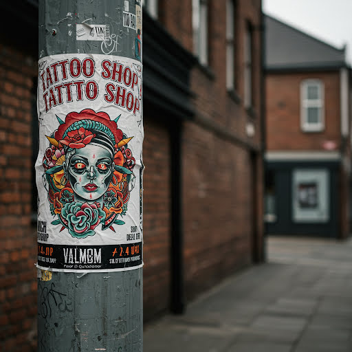 Street sticker A poster advertising a tattoo shop featuring a vibrant illustration of a woman's face surrounded by flowers. The text on the poster mentions VALMOM and hours of operation.