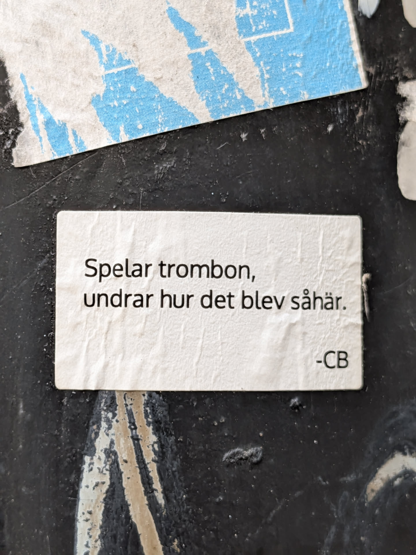 A rectangular white sticker with rounded corners featuring black Swedish text on a dark, textured background.