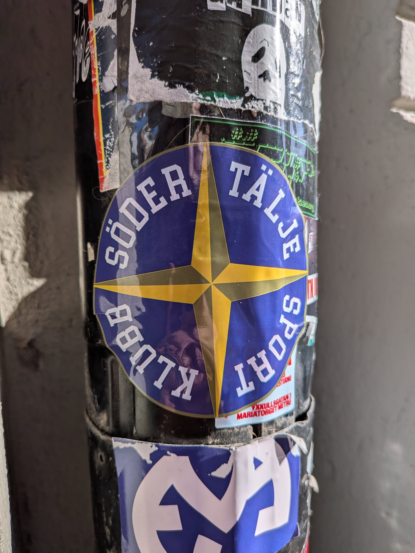 A circular sticker featuring a dark blue background. At its center is a prominent four-pointed compass rose design in yellow, with a subtle darker yellow or gold outline. The points of the compass rose extend towards the edge of the circle. Arched around the top half of the circle, in bold white capital letters, is the text "SÖDER TÄLJE". Arched around the bottom half, also in bold white capital letters, is "SPORT KLUBB". The sticker has a glossy finish, reflecting some light, and appears slightly wrinkled, indicating it's a physical sticker adhered to a pole covered with other worn stickers.