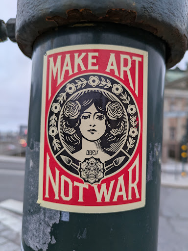 Street sticker Stockholm MAKE ART OBEY NOT WAR