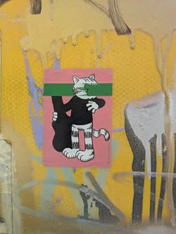 Street sticker A rectangular sticker featuring a cartoon cat rendered in black and white against a solid light pink background. The cat has a stout body, large white paws with black stripes, and a striped tail. It wears a black long-sleeved shirt. A prominent horizontal green bar obscures the cat's eyes and nose, while its open mouth, showing teeth, is visible below the bar. The cat is holding a black guitar vertically against its left side. Faint, vertically oriented text is visible on the right side of the sticker.