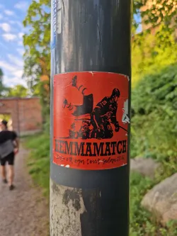 Street sticker A sticker depicting a hockey player falling down. The text on the sticker says "Hemmamatch - ett eget tört sedan 2016", which translates to "Home match - a home-made cake since 2016".