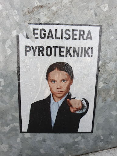 Street sticker A sticker featuring Greta Thunberg pointing at the viewer with text that says "Legalisera Pyroteknik!" which translates to "Legalise Pyrotechnics!" in Swedish.