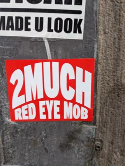 Street sticker A rectangular red sticker featuring bold white text. The top line displays '2MUCH' in an arched, stylized font, while the bottom line reads 'RED EYE MOB' in a smaller sans-serif typeface.