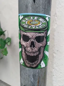 A sticker featuring a skull graphic with an open mouth, set against a green and white background. The top part of the sticker shows a round element with the text "Bajenisi Pelevaatia". The sticker is affixed to a metallic pole.