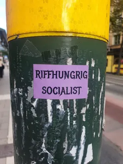 A purple sticker with the text "Riffhungrig Socialist" on a dark green pole. The sticker has a slightly worn look.