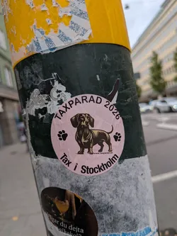 Street sticker A circular, light pink sticker affixed to a dark green pole. The sticker features a detailed black and brown illustration of a dachshund standing in the center, flanked by two small black paw prints. The text 'TAXPARAD 2026' is printed in black along the top curve, and 'Tax i Stockholm' is printed along the bottom curve. A small website address, 'www.taxparad.se', is visible in tiny text near the dog's hind leg.