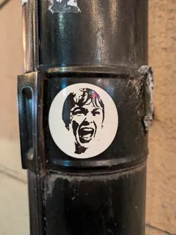 Street sticker A black and white sticker of a woman screaming. The sticker is round and has a white background. The woman's face is in the center of the sticker. The sticker is affixed to a black metal pole.