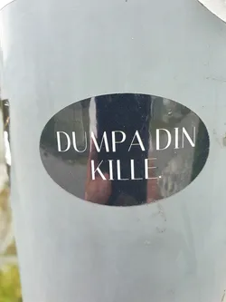 Street sticker Oval black and white sticker with the text "DUMPA DIN KILLE" which translates to "Dump your boyfriend" in Swedish. The sticker is affixed to a light gray pole.