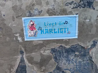 Street sticker A rectangular light blue sticker with a darker blue border. On the left, it features a cartoon illustration of a person wearing headphones, a red hoodie, and grey pants, holding a skateboard. Musical notes float around the character. To the right, the text 'Livet är HÄRLIGT!' is written in blue letters with white outlines, interspersed with more musical notes. The sticker is pasted on a rough, weathered grey and blue wall.