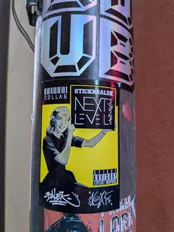 Street sticker The sticker features a black and white image of a smiling, retro-styled woman with curled hair, wearing a dark dress. She is depicted from the waist up, holding up a rectangular sign with both hands, pointing to it with her right index finger. The background behind the woman and the sign she holds is a vibrant yellow. Above the woman's head, to the right, is the text 'STICKNBALEK' in a black box with white letters, and below it, 'NEXT LEVEL' in large white block letters on a black background. To the right of 'NEXT LEVEL', vertically written, is 'VANDALISM'. To the left of the woman, there's a barcode graphic with 'COLLAB' written below it. In the bottom right corner of the yellow section, there's a black box with white text that reads 'STICKY ADVISORY EXPLICIT GRAPHICS', mimicking a parental advisory label. Below the main yellow sticker, on the black surface of the pole, there are white graffiti-style tags, one clearly readable as 'BALEK' and another that appears to be 'NEXT'. The sticker has a clean, graphic design with a clear pop art influence, combined with street art elements.