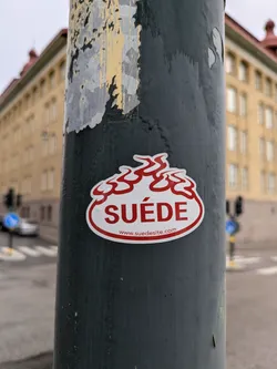 A red and white sticker with flames and the word "SUEDE" in a stylized font.  The website www.suedésite.com is printed at the bottom.  The sticker is affixed to a dark green lamppost.