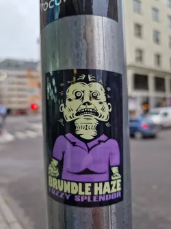 A sticker featuring a cartoon illustration of a pale-skinned figure with a surprised expression, wearing a purple collared shirt. The style is reminiscent of vintage cartoons or possibly indie comics. The text 'BUNDLE HAZE' and 'Fuzzy Splendor' is prominently displayed below the illustration.