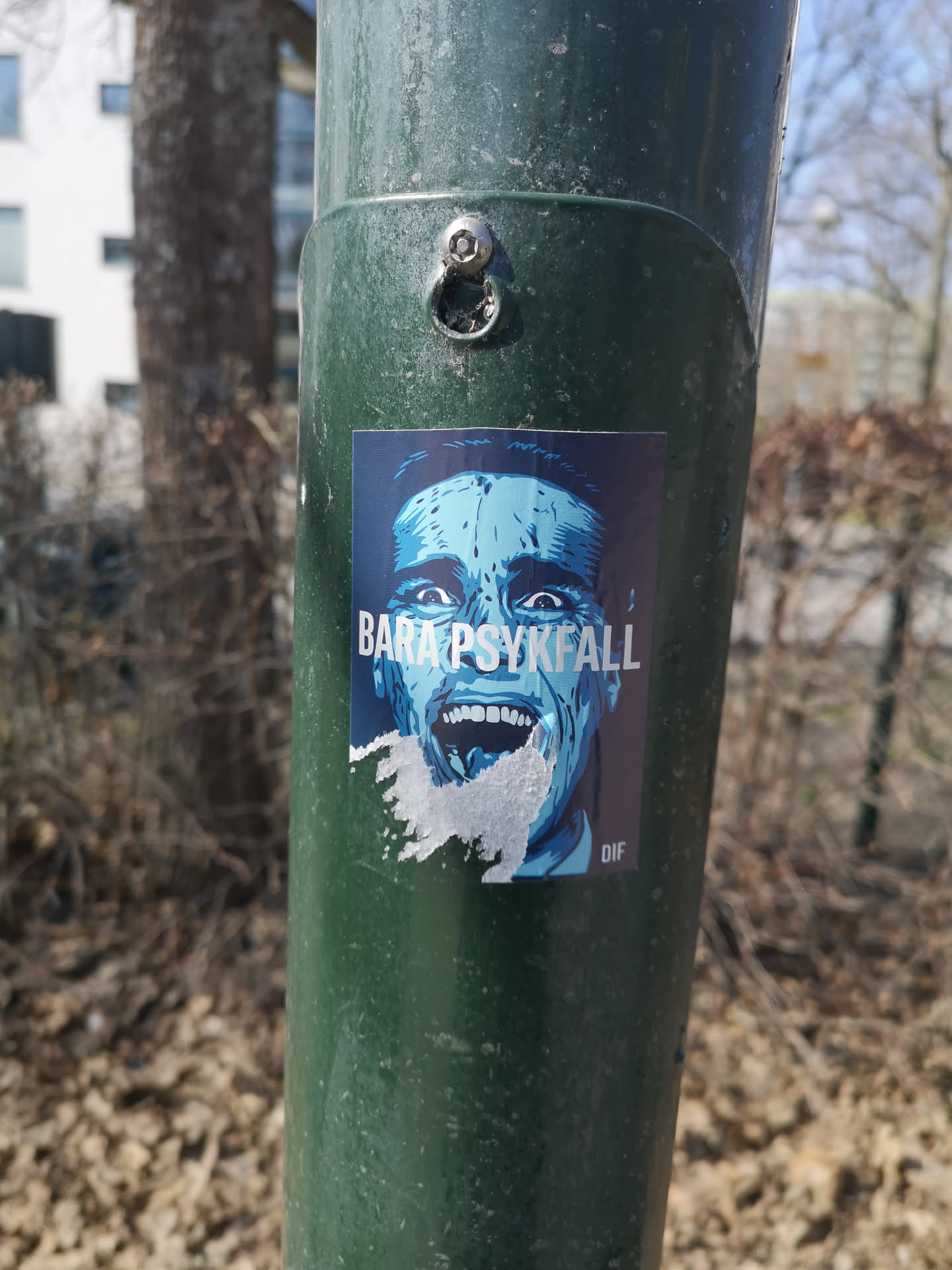 A rectangular sticker featuring a highly stylized, graphic illustration of a man's face, strongly resembling Arnold Schwarzenegger, mid-scream. The artwork uses a limited color palette of dark blue, various shades of light blue/cyan, and white for highlights and text. The face is rendered with strong, angular lines, wide eyes, and an open mouth revealing white teeth. The background is a solid dark blue. White text 'BARA PSYKFALL' is prominently displayed across the upper part of the face. A smaller white text 'DIF' is visible in the bottom right corner. The bottom left portion of the sticker shows some wear and tear, with parts of the image peeled off, revealing the white paper underneath. It is affixed to a dark green, weathered pole.