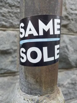 A black and white sticker with the words "SAME" over a light blue line and "SOLE" underneath. The sticker is on a rusty metal pole.