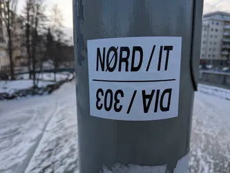 A rectangular white sticker adhered to a grey, weathered pole. The sticker features bold, black, sans-serif text. The top line reads "NØRD / IT". Below a horizontal dividing line, the text "DIA / 303" is printed upside down. The sticker shows minor wear and specks of dirt, indicating it's a physical sticker exposed to the elements.