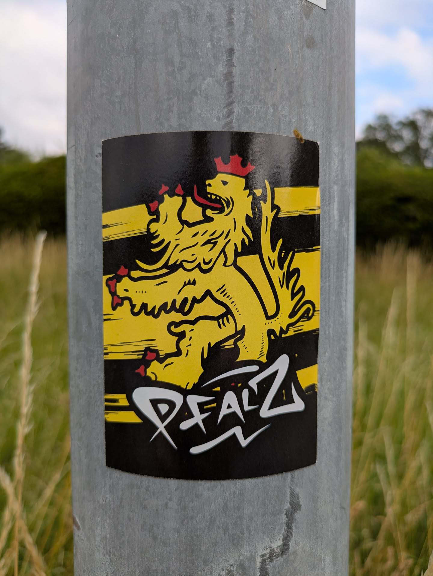 Street sticker The sticker depicts a golden yellow rampant lion, adorned with a red crown, red claws, and a red tongue, set against a backdrop of alternating horizontal black and yellow stripes. Below the lion, the word 'PFALZ' is prominently displayed in a bold, white, graffiti-style font. The sticker is rectangular with slightly rounded corners and is affixed to a grey metal pole. The background is a blurred outdoor scene with green foliage and a light sky.