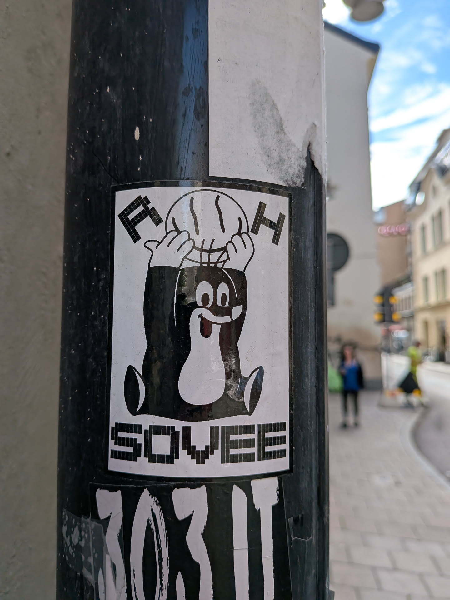 A black and white rectangular sticker featuring the cartoon character Krtek holding a basketball overhead, flanked by pixelated letters 'F' and 'H', with 'SOVEE' printed at the bottom.
