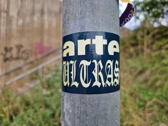 A dark blue sticker with the word \"arte\" in a sans-serif font and \"ULTRAS\" in a blackletter font. The sticker is attached to a grey metal pole outdoors. 
