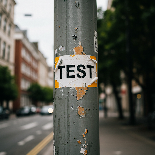 Street sticker Close-up of a sticker on a weathered pole. The sticker features the word 'TEST' in bold, black letters on a white background, framed by a yellow border. The pole itself is grey and shows signs of age and wear.