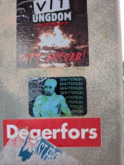 Street sticker A rectangular sticker with rounded corners. On the left, it depicts a light green, muscular, humanoid creature with pointed ears, sharp teeth, and a bald head, drawn in a detailed comic-book style with black ink shading. On the right, the word 'BAKTERION' is repeated vertically in a green, futuristic, digital-style font against a solid black background, with some lines partially obscured by the creature's shoulder.