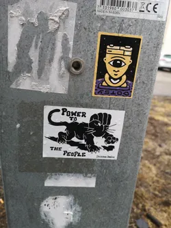 Street sticker A monochrome sticker featuring a stylized black panther in a crouching, ready-to-pounce stance. The panther's right front paw is replaced by a clenched human fist, raised in a symbol of power and solidarity. The text 'POWER TO' is positioned above the panther's back, and 'THE PEOPLE' is below its front paws. The design is black on a white background, with some visible water droplets on its surface. In the bottom right corner, smaller text reads 'Delicious Brains'.