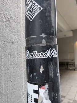 Street sticker A die-cut sticker featuring the text 'Svalbard Vibe' in a white cursive font with a black outline, affixed to a black pole.