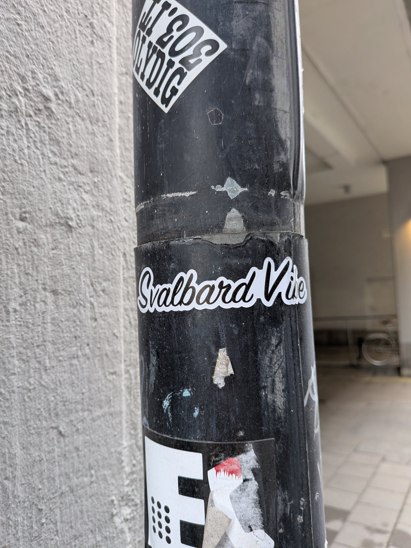 A die-cut sticker featuring the text 'Svalbard Vibe' in a white cursive font with a black outline, affixed to a black pole.