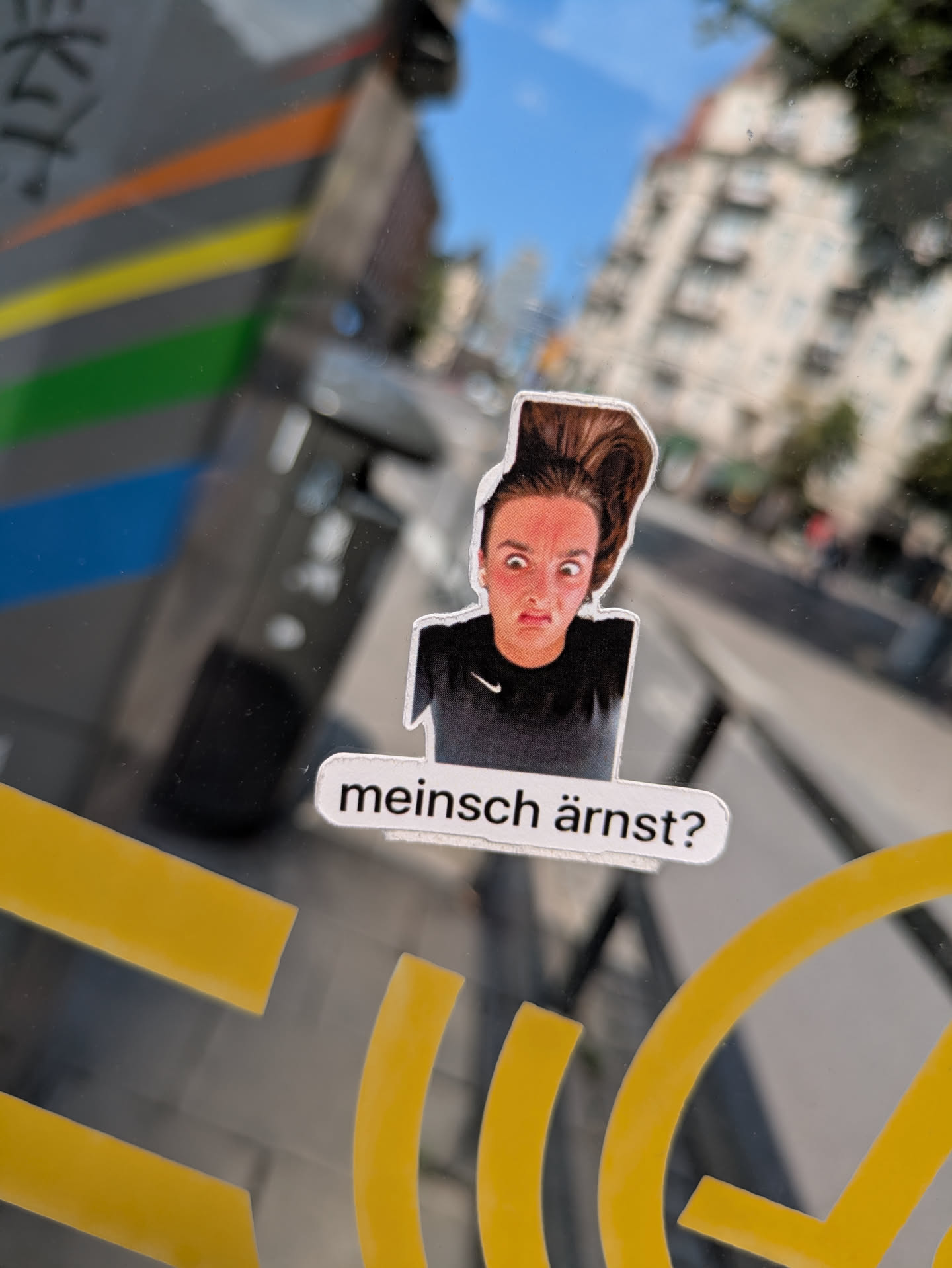 The sticker shows a cutout image of a person, likely a woman, with an exaggerated facial expression of disbelief or surprise. Her eyes are wide, and her mouth is puckered, with her face appearing somewhat flushed. Her dark hair is styled upwards, creating a distinctive silhouette. She is wearing a black top with a white Nike swoosh logo visible on the chest. Below the portrait, there is a white rectangular speech bubble containing the text 'meinsch ärnst?'. The sticker is applied to a glass surface, with reflections of buildings and a blue sky in the blurred background.