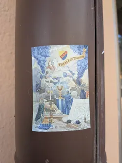 Street sticker Rectangular sticker featuring a Renaissance-style painting parody. It depicts football supporters integrated into mythological scenes, with blue smoke flares, a central figure holding a burning trophy, and a 'D.I.F.' shield alongside a banner reading 'Floras Kulle Massive'.