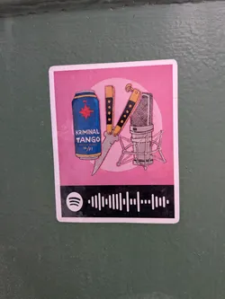 Street sticker Rectangular sticker with a pink top half showing a blue beer can, butterfly knife, and microphone. The black bottom half features a white Spotify logo and scannable code.