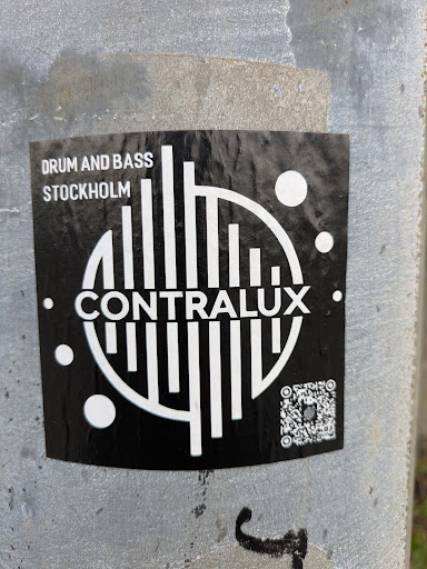 This sticker features the CONTRAUX logo in white against a black background. The logo is composed of vertical bars arranged in a semi-circle, creating a sound wave or equalizer effect. Above the logo, 'DRUM AND BASS STOCKHOLM' is printed in a smaller font. There is a qr code on the bottom right.