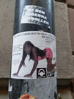 Street sticker A sticker featuring a flyer for "The Soul Underground Show" on MRS 94.5 FM, hosted by Big Dog DJ Jens. The flyer also mentions Real Urban Radio and has a website address and social media links.  The image includes a woman in a pink outfit in a crawling position.