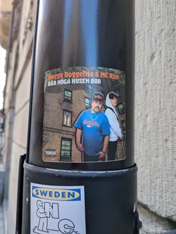 Rectangular sticker depicting rappers Dogge Doggelito and MC Ron in front of a brick apartment building. Dogge wears a blue shirt and cap labeled 'Botkyrka'; MC Ron wears a white hoodie.