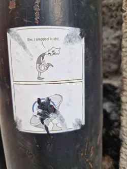 Street sticker A sticker with a two-panel cartoon depicting someone stepping in something unpleasant and the aftermath.  The style is simple and slightly humorous.