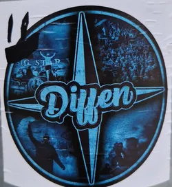 Street sticker Round sticker featuring the word "Diffen" in a stylized font, set against a compass rose design.  The background includes various images in shades of blue, possibly depicting scenes of a concert or fan gathering.  The style is gritty and evocative of a band or music scene.
