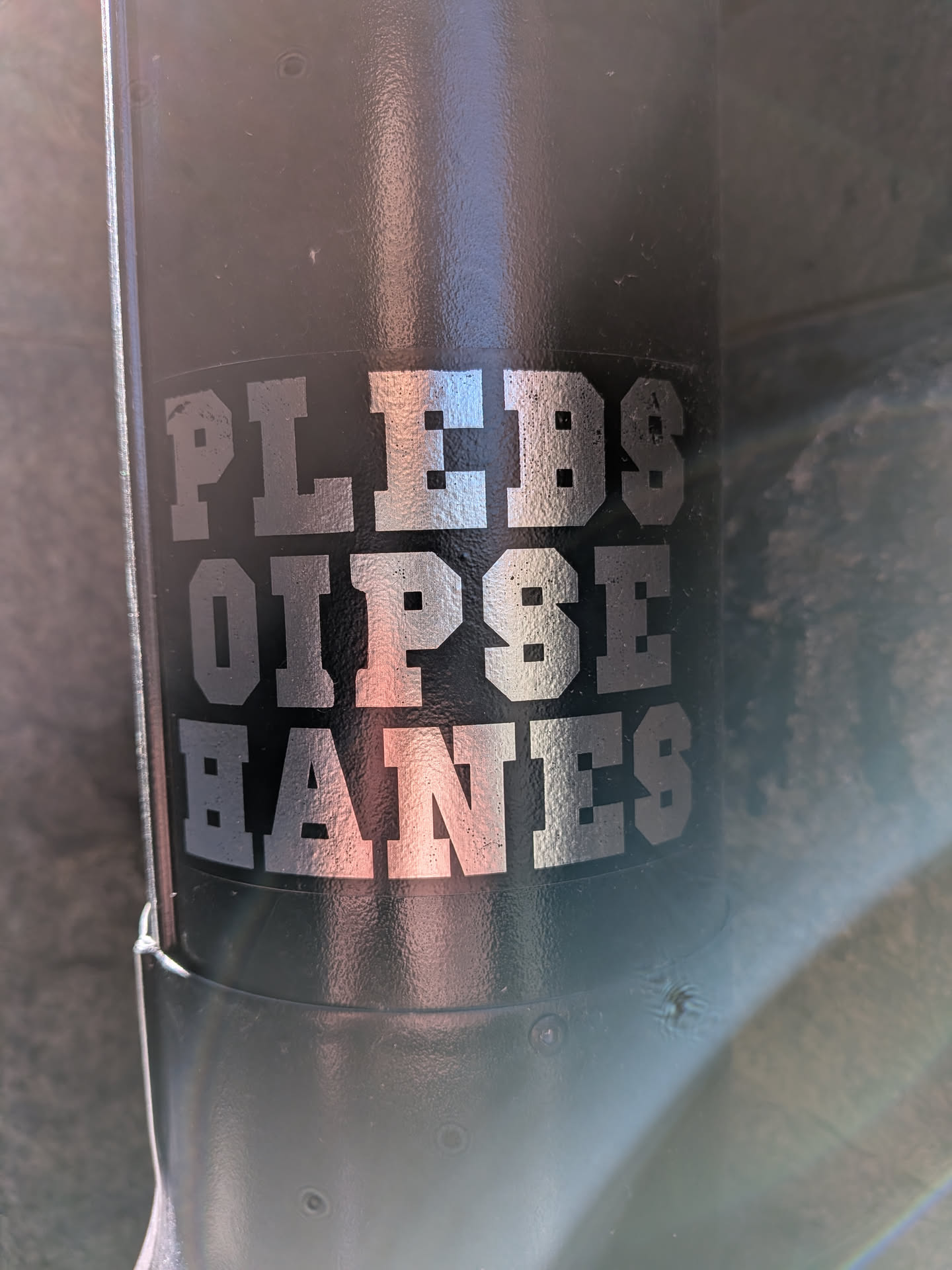 The sticker features three lines of text: 'PLEBS' on the top, 'OIPSE' in the middle, and 'BANES' at the bottom. The letters are rendered in a bold, blocky, sans-serif font with a slightly distressed or textured appearance, giving them an industrial or collegiate feel. The text is a metallic silver-grey color, reflecting light, and is set against a dark, possibly black or very dark grey, background. The sticker appears to be a vinyl decal applied to a textured, dark surface, possibly a water bottle or similar item, with some minor wear visible on the edges of the letters.