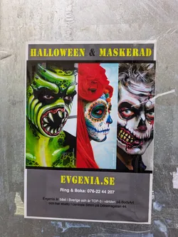 Street sticker Poster advertising Evgenia's Body Art services, specializing in Halloween and masquerade makeup.  It features three images of individuals with elaborate face paint. The studio is located in central Stockholm at Döbelnsgatan 44.  Contact information is provided.